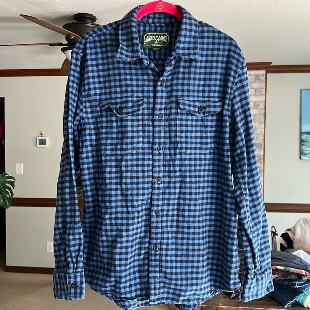 American Eagle Medium Blue and Black Plaid Button Down